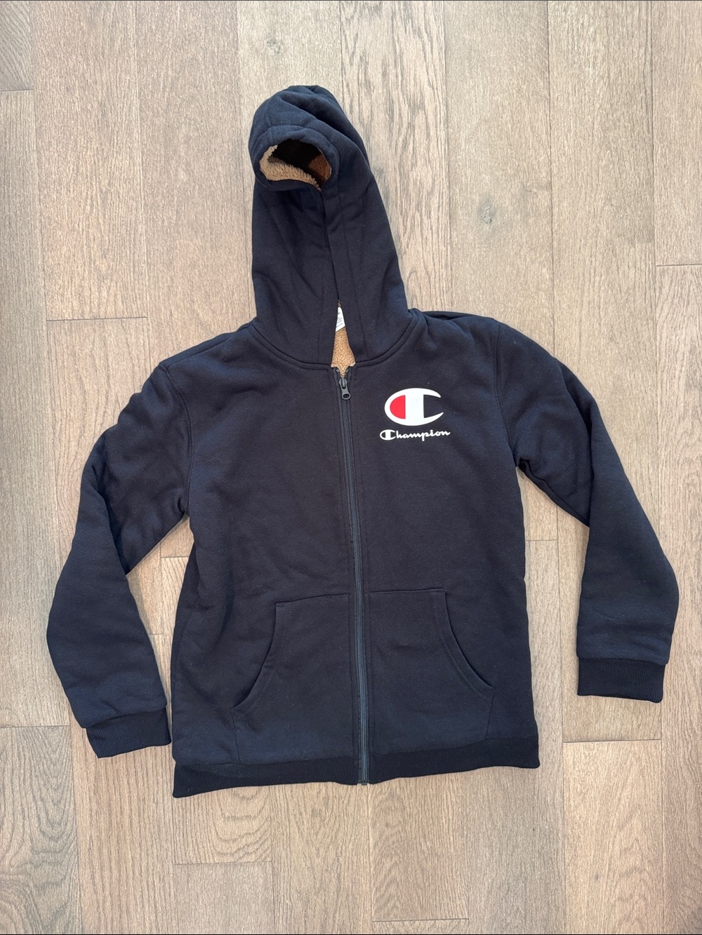 Champion Boys Full Zip Fleece Lined Black‎ Hoodie Large 14 16 Embroidered Logo